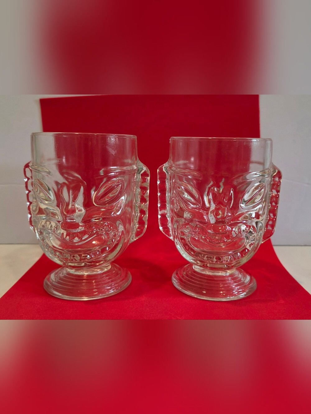 Vintage Glass Tiki Mug Pair.  Featuring "Happy/Sad" Two Faced Design
